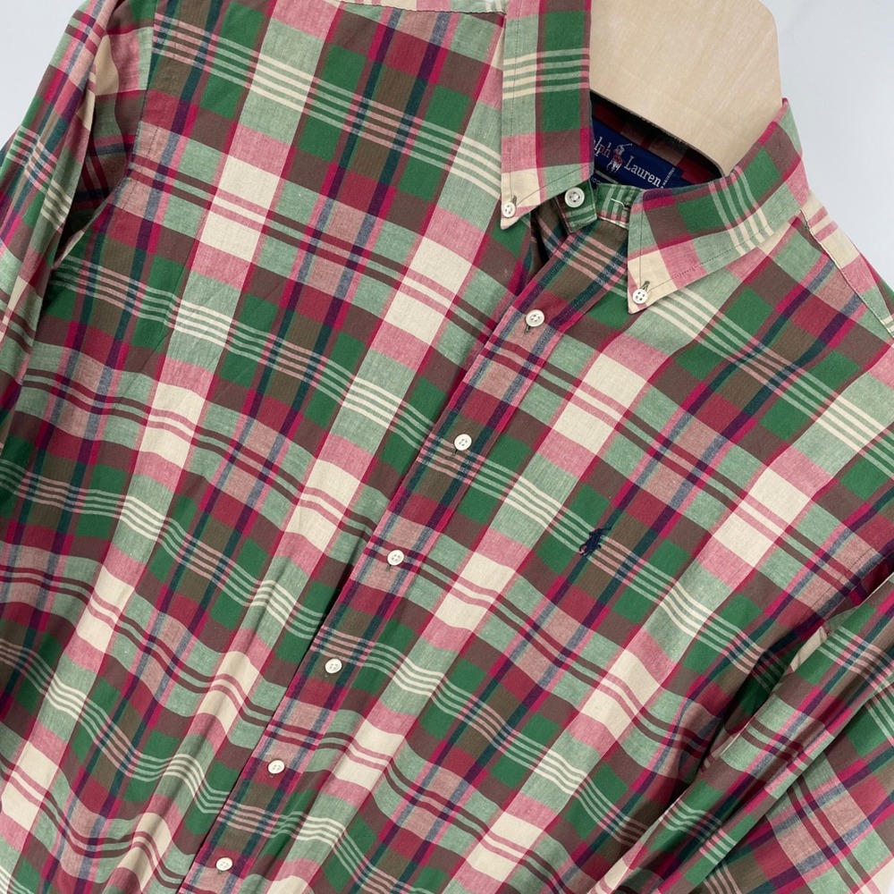 Ralph Lauren Mens Large Plaid Button Down Shirt Green Red Long Sleeve Cotton